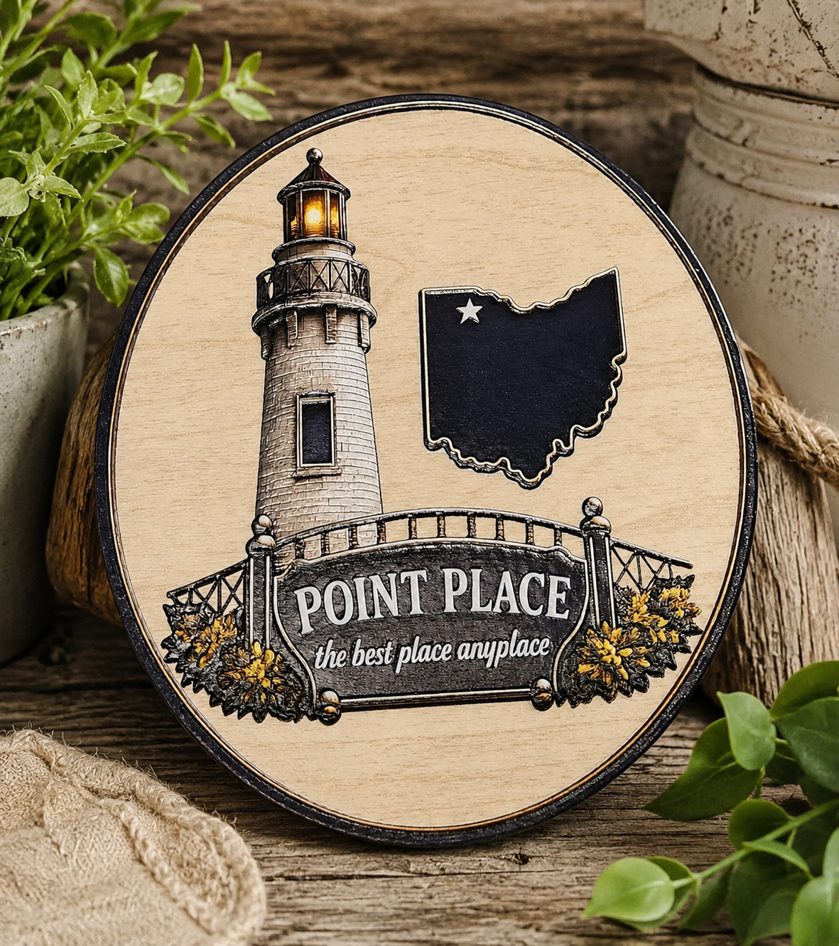Handcrafted 5-inch Point Place Lighthouse wood magnet featuring the Point Place, Ohio lighthouse and "The Best Place Anyplace" design with textured UV printing. Thistlewood Creations, Toledo Ohio